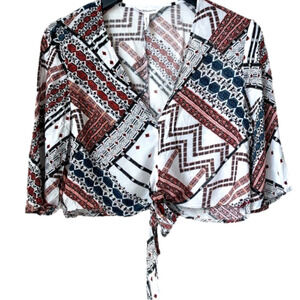 BCBG Geometric Boho Tie-Front Blouse Lightweight Statement Top
